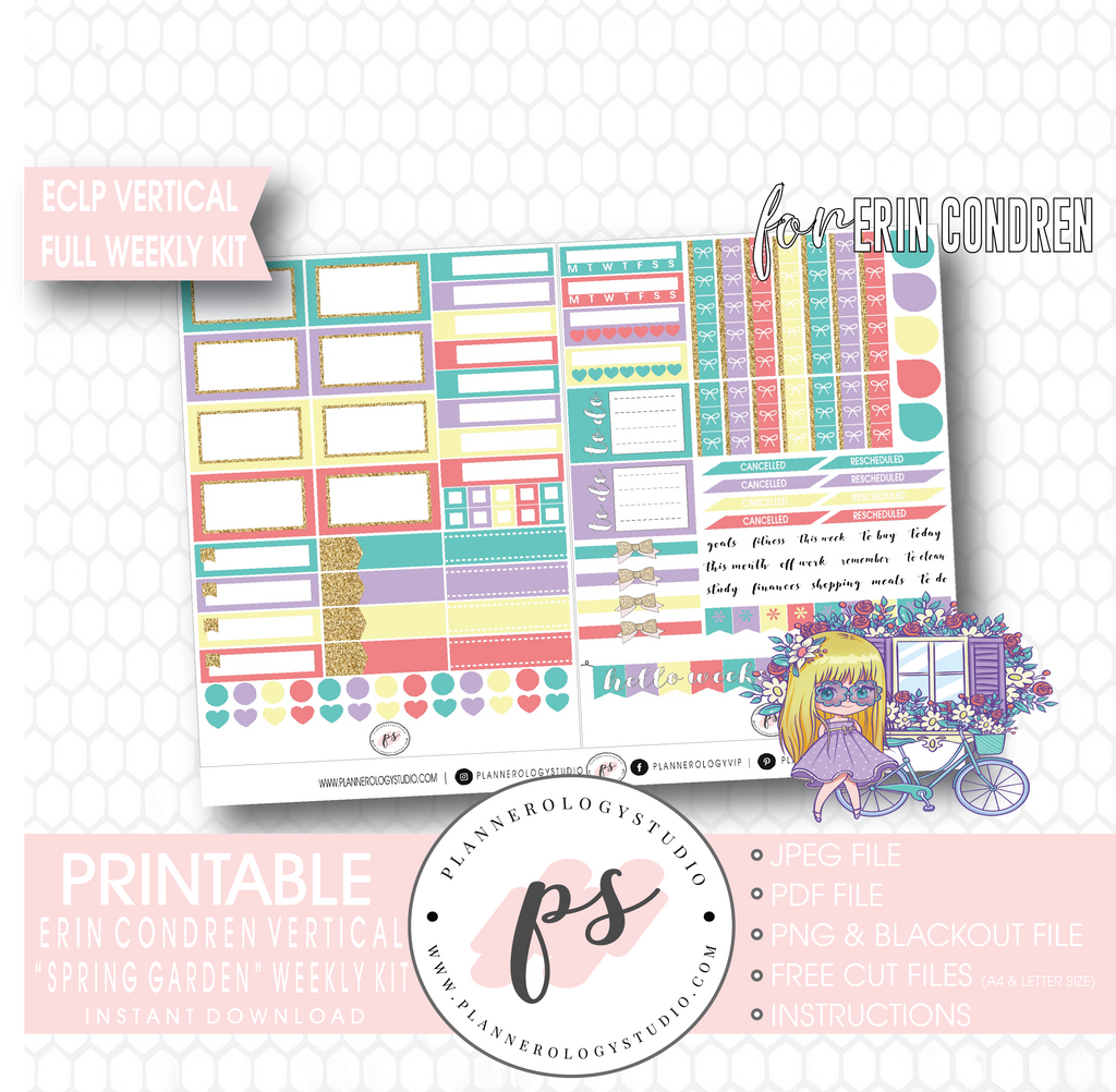 Spring Garden Full Weekly Kit Printable Planner Digital Stickers (for use with Erin Condren Vertical) - Plannerologystudio