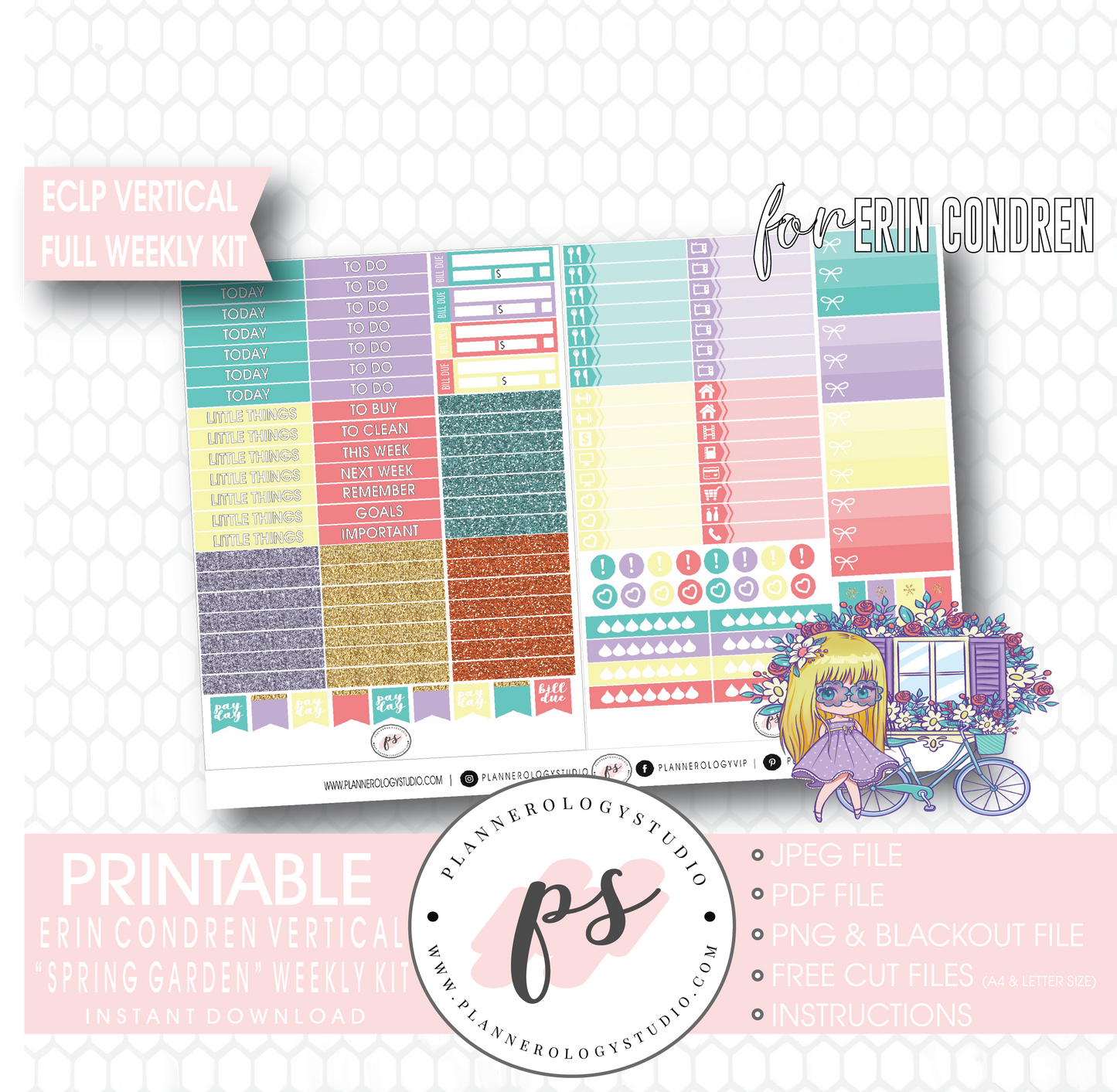 Spring Garden Full Weekly Kit Printable Planner Digital Stickers (for use with Erin Condren Vertical) - Plannerologystudio