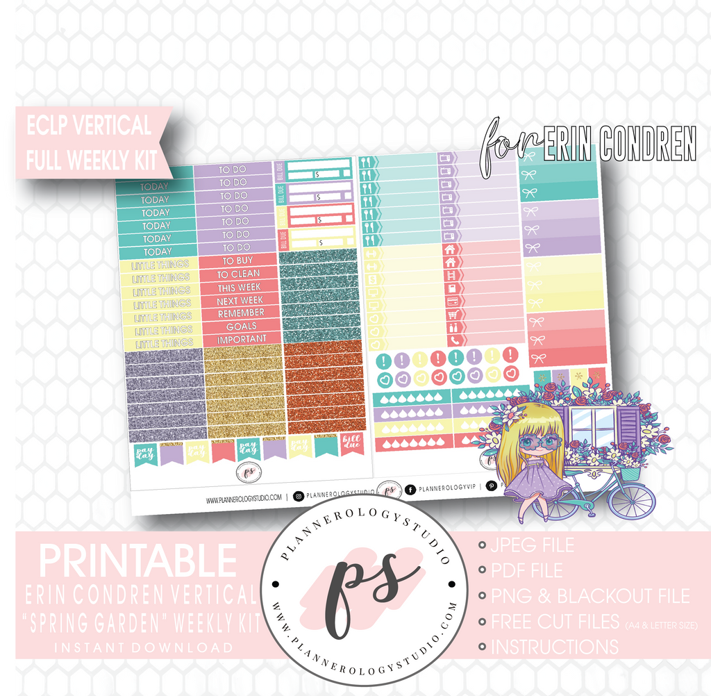 Spring Garden Full Weekly Kit Printable Planner Digital Stickers (for use with Erin Condren Vertical) - Plannerologystudio