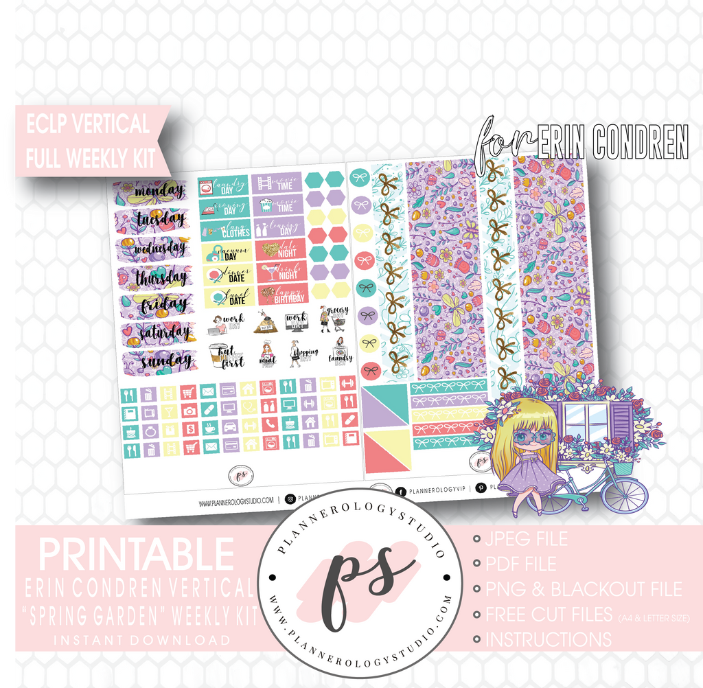 Spring Garden Full Weekly Kit Printable Planner Digital Stickers (for use with Erin Condren Vertical) - Plannerologystudio