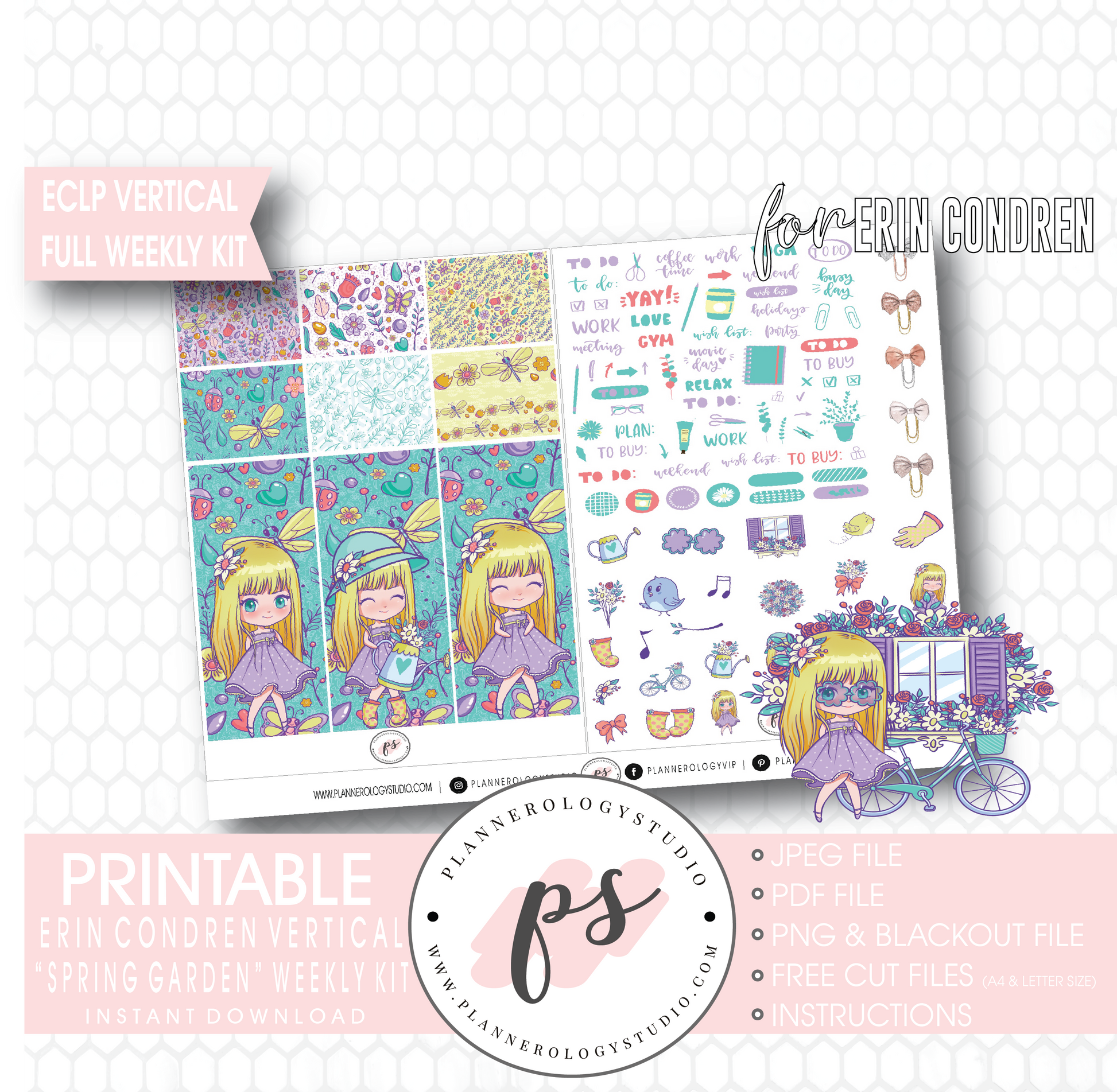 Spring Garden Full Weekly Kit Printable Planner Digital Stickers (for use with Erin Condren Vertical) - Plannerologystudio