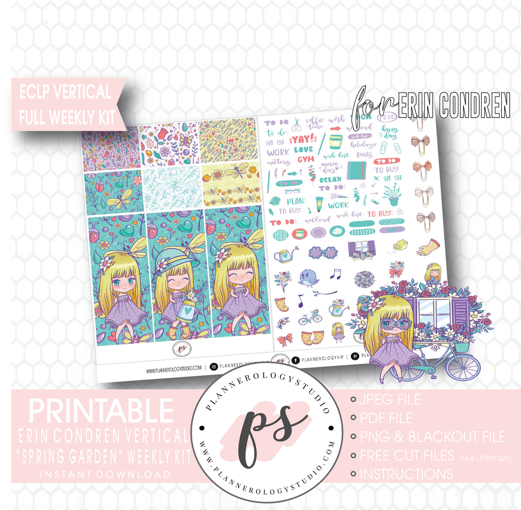 Spring Garden Full Weekly Kit Printable Planner Digital Stickers (for use with Erin Condren Vertical) - Plannerologystudio