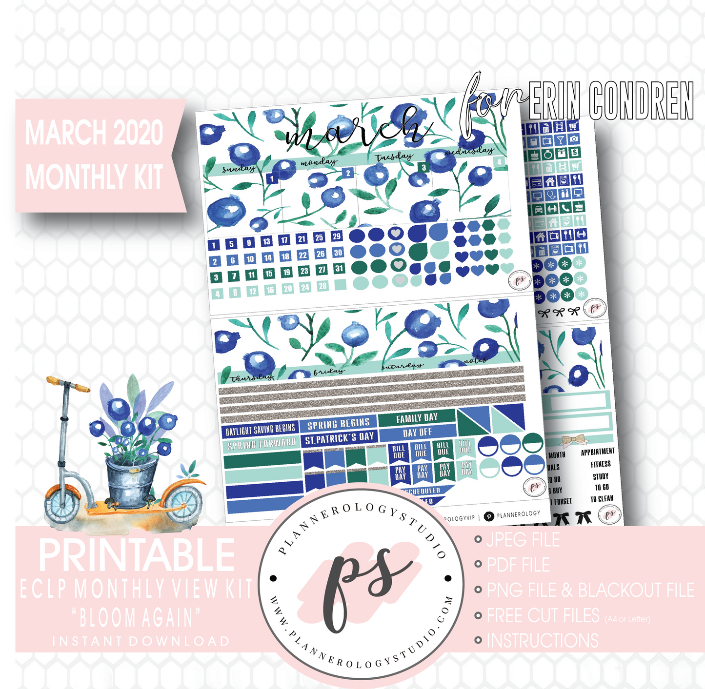 Bloom Again March 2020 Monthly View Kit Digital Printable Planner Stickers (for use with Erin Condren) - Plannerologystudio