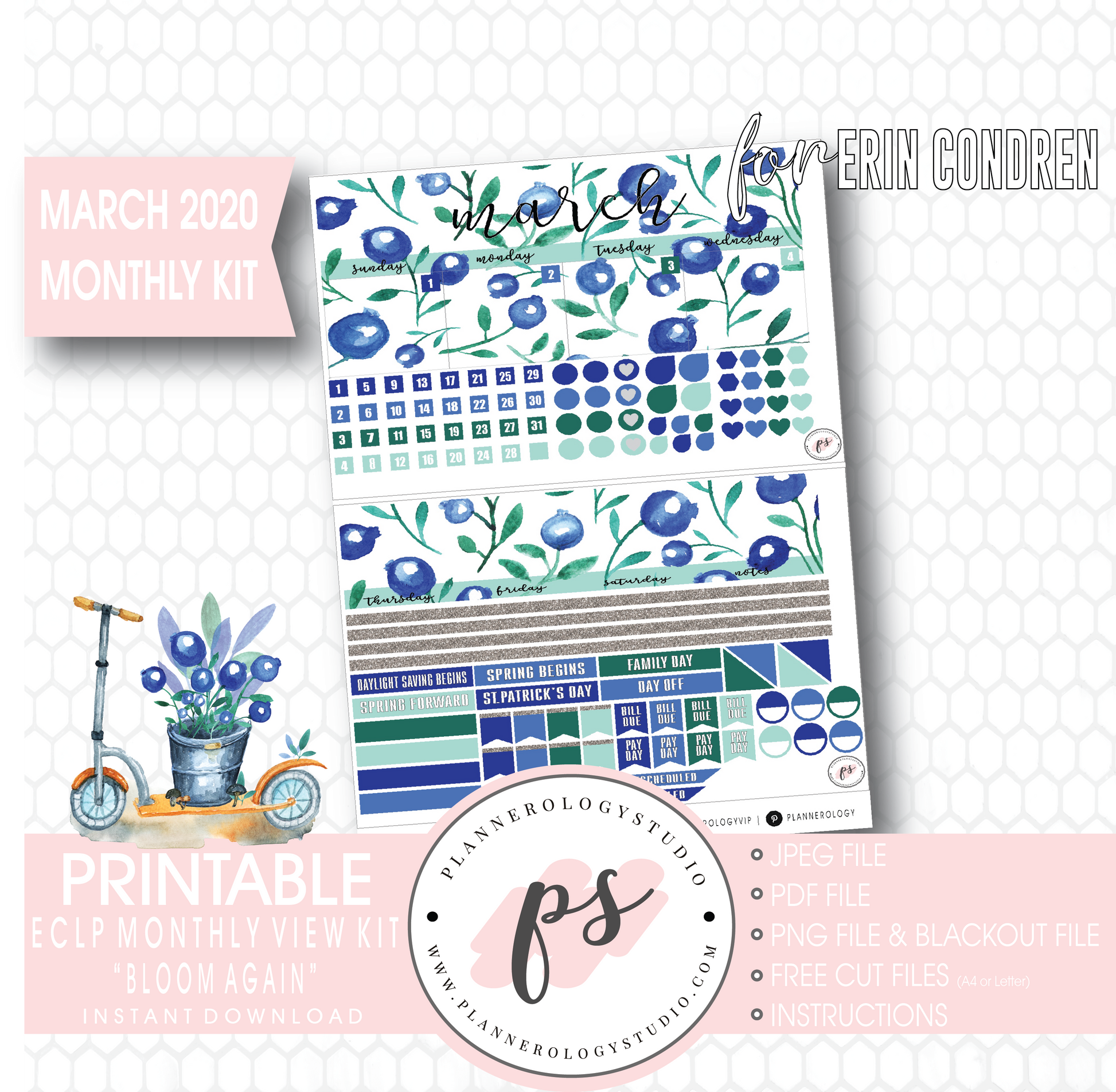 Bloom Again March 2020 Monthly View Kit Digital Printable Planner Stickers (for use with Erin Condren) - Plannerologystudio