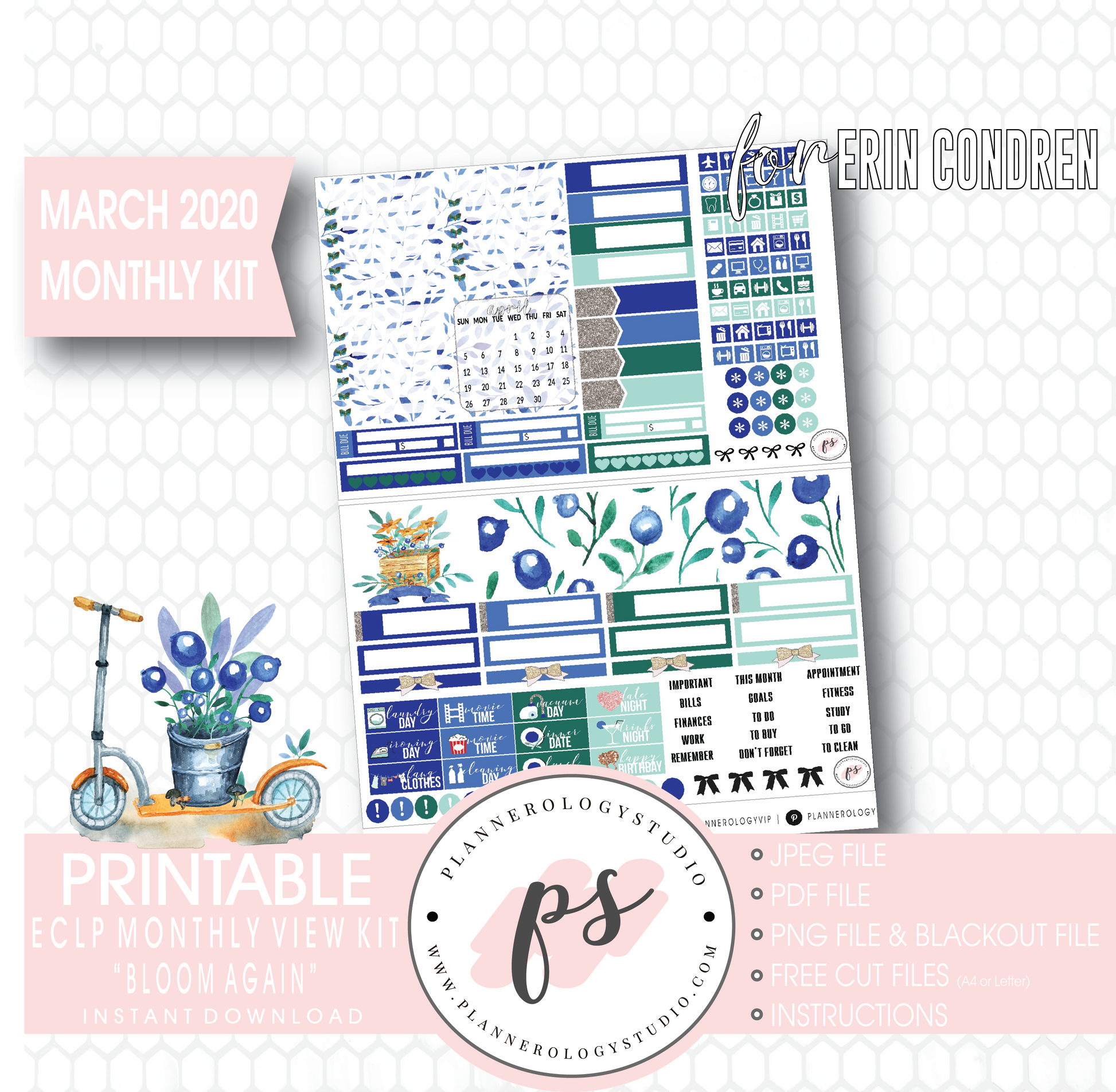 Bloom Again March 2020 Monthly View Kit Digital Printable Planner Stickers (for use with Erin Condren) - Plannerologystudio