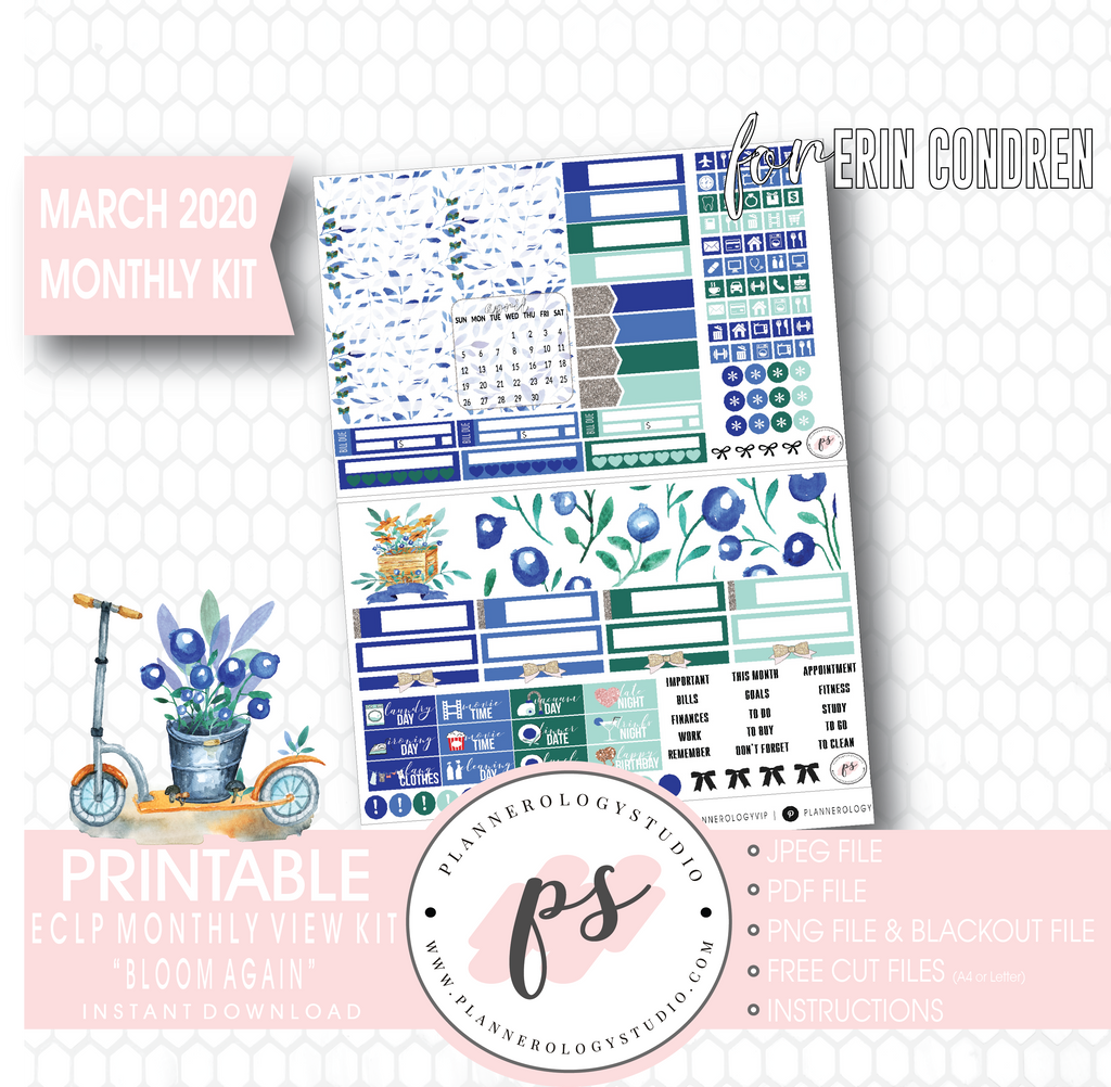 Bloom Again March 2020 Monthly View Kit Digital Printable Planner Stickers (for use with Erin Condren) - Plannerologystudio