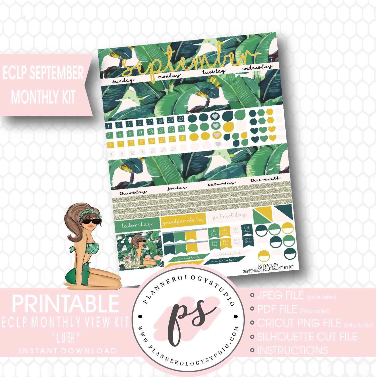 "Lush" September 2017 Monthly View Kit Printable Planner Stickers (for use with ECLP) - Plannerologystudio