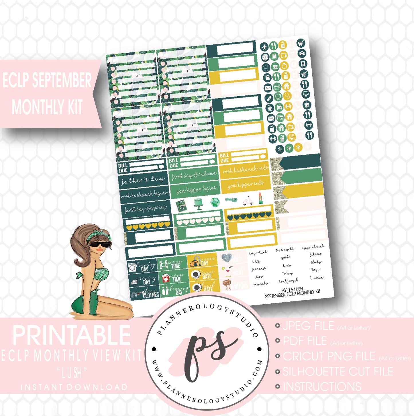 "Lush" September 2017 Monthly View Kit Printable Planner Stickers (for use with ECLP) - Plannerologystudio