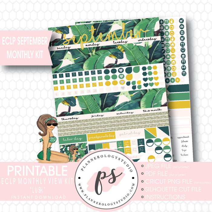 "Lush" September 2017 Monthly View Kit Printable Planner Stickers (for use with ECLP) - Plannerologystudio