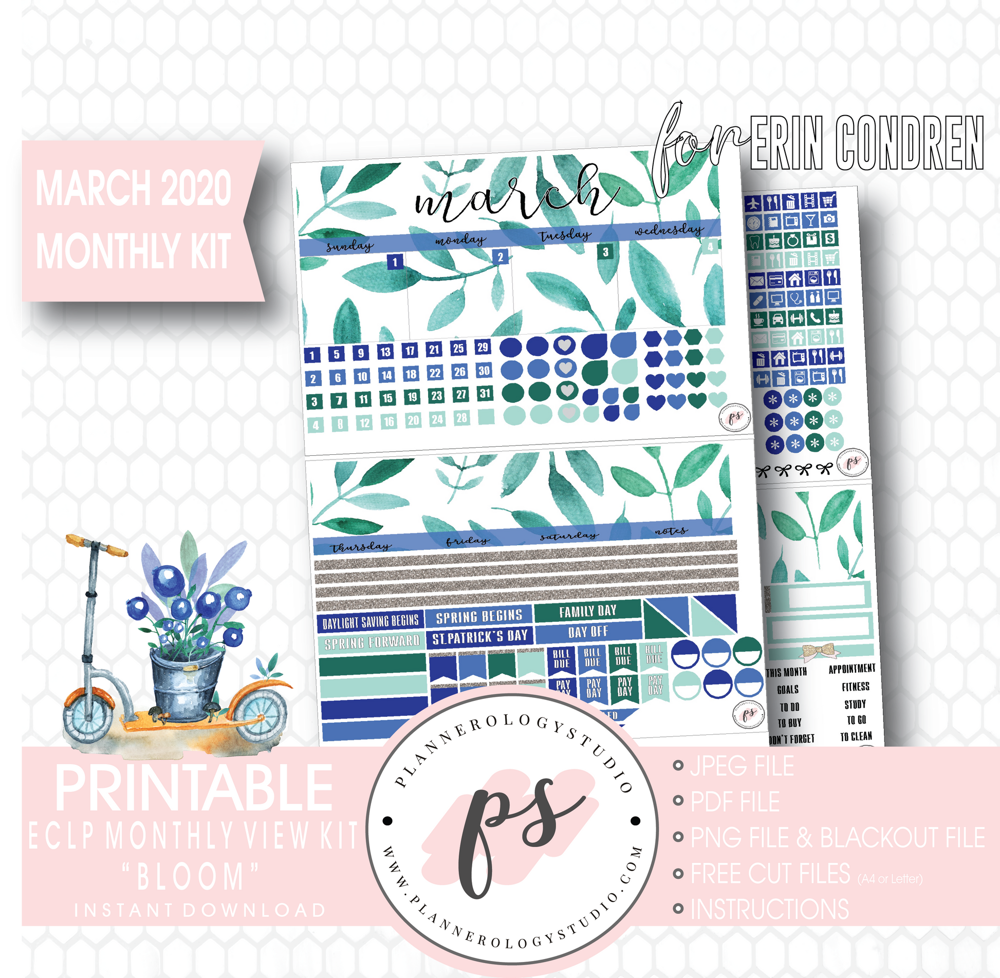 Bloom March 2020 Monthly View Kit Digital Printable Planner Stickers (for use with Erin Condren) - Plannerologystudio