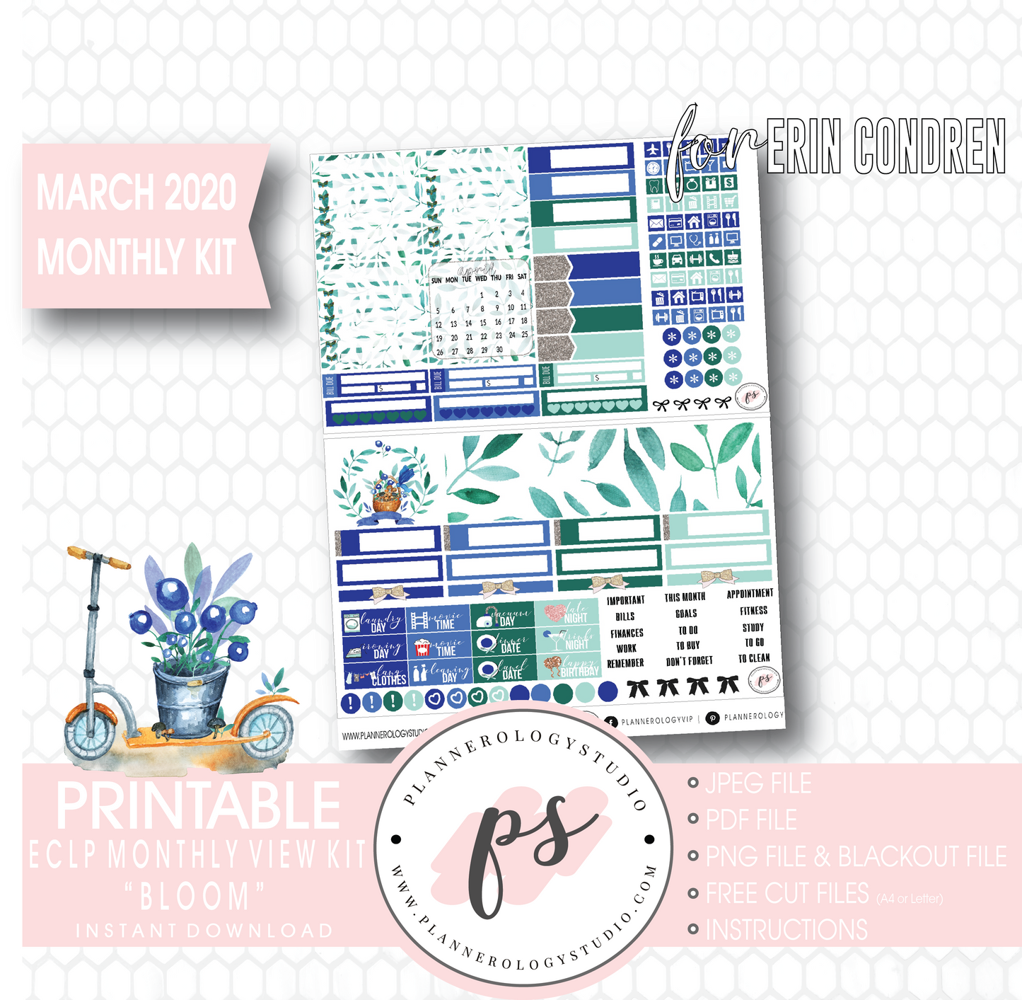 Bloom March 2020 Monthly View Kit Digital Printable Planner Stickers (for use with Erin Condren) - Plannerologystudio