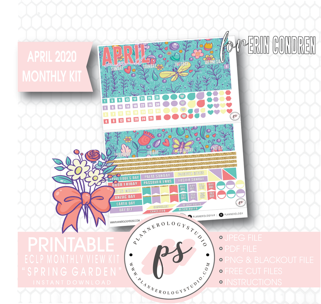 Spring Garden April 2020 Easter Monthly View Kit Digital Printable Planner Stickers (for use with Erin Condren) - Plannerologystudio