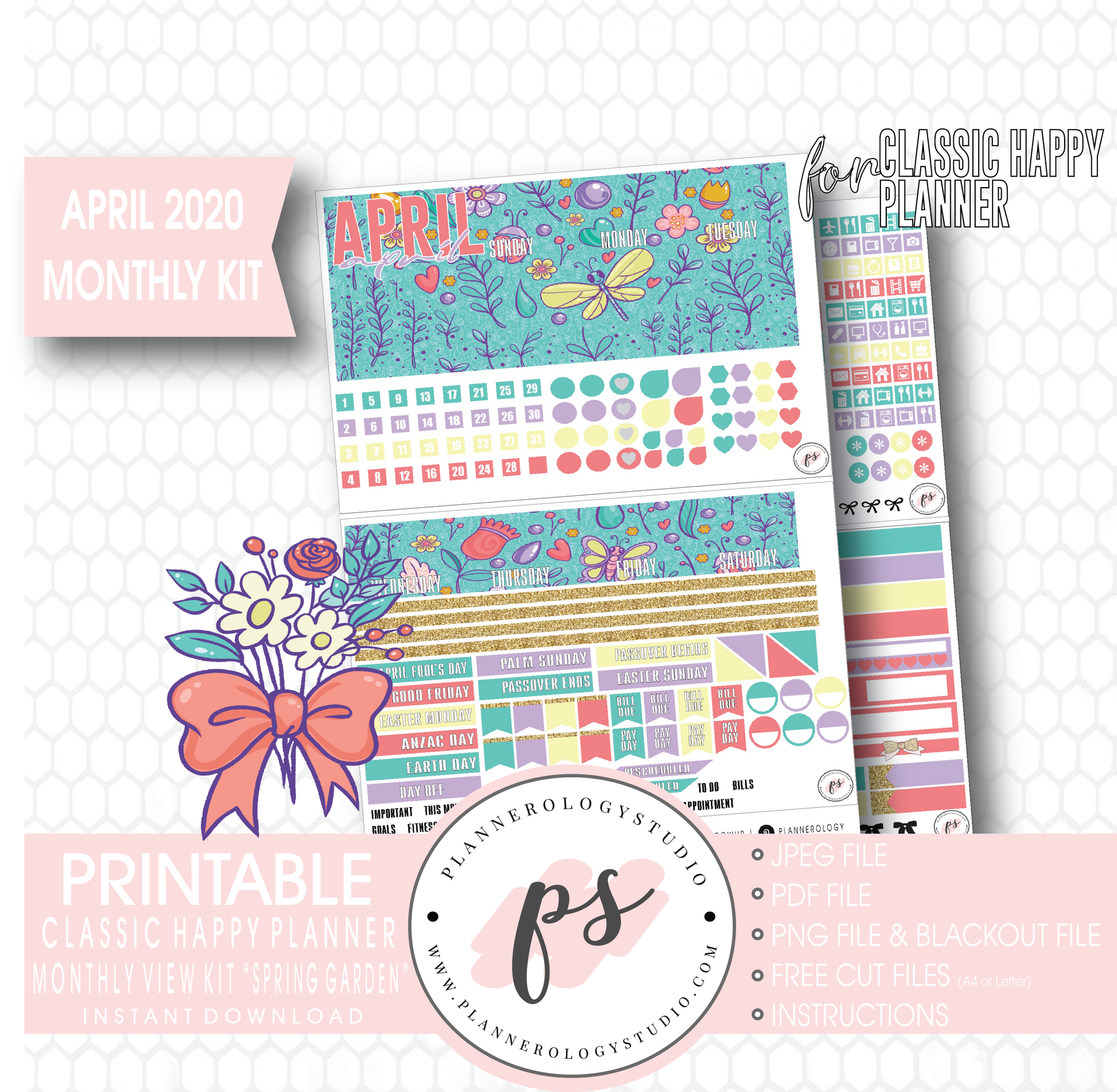 Spring Garden April 2020 Easter Monthly View Kit Digital Printable Planner Stickers (for use with Classic Happy Planner) - Plannerologystudio