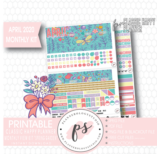 Spring Garden April 2020 Easter Monthly View Kit Digital Printable Planner Stickers (for use with Classic Happy Planner) - Plannerologystudio