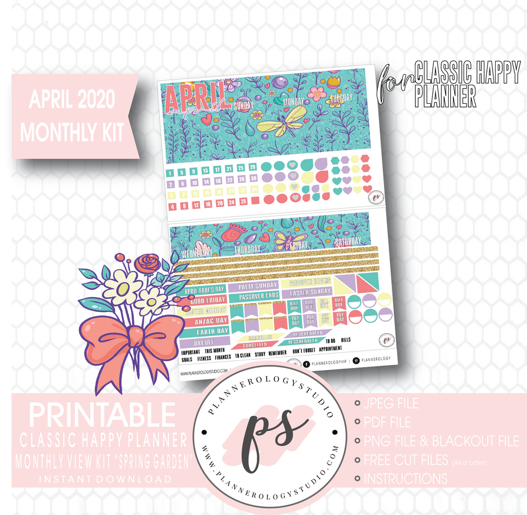 Spring Garden April 2020 Easter Monthly View Kit Digital Printable Planner Stickers (for use with Classic Happy Planner) - Plannerologystudio