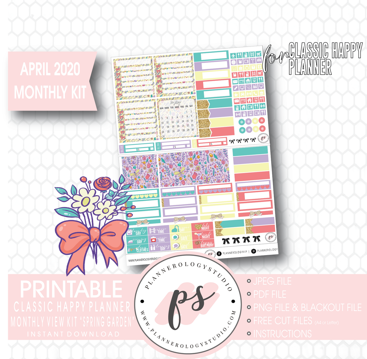 Spring Garden April 2020 Easter Monthly View Kit Digital Printable Planner Stickers (for use with Classic Happy Planner) - Plannerologystudio