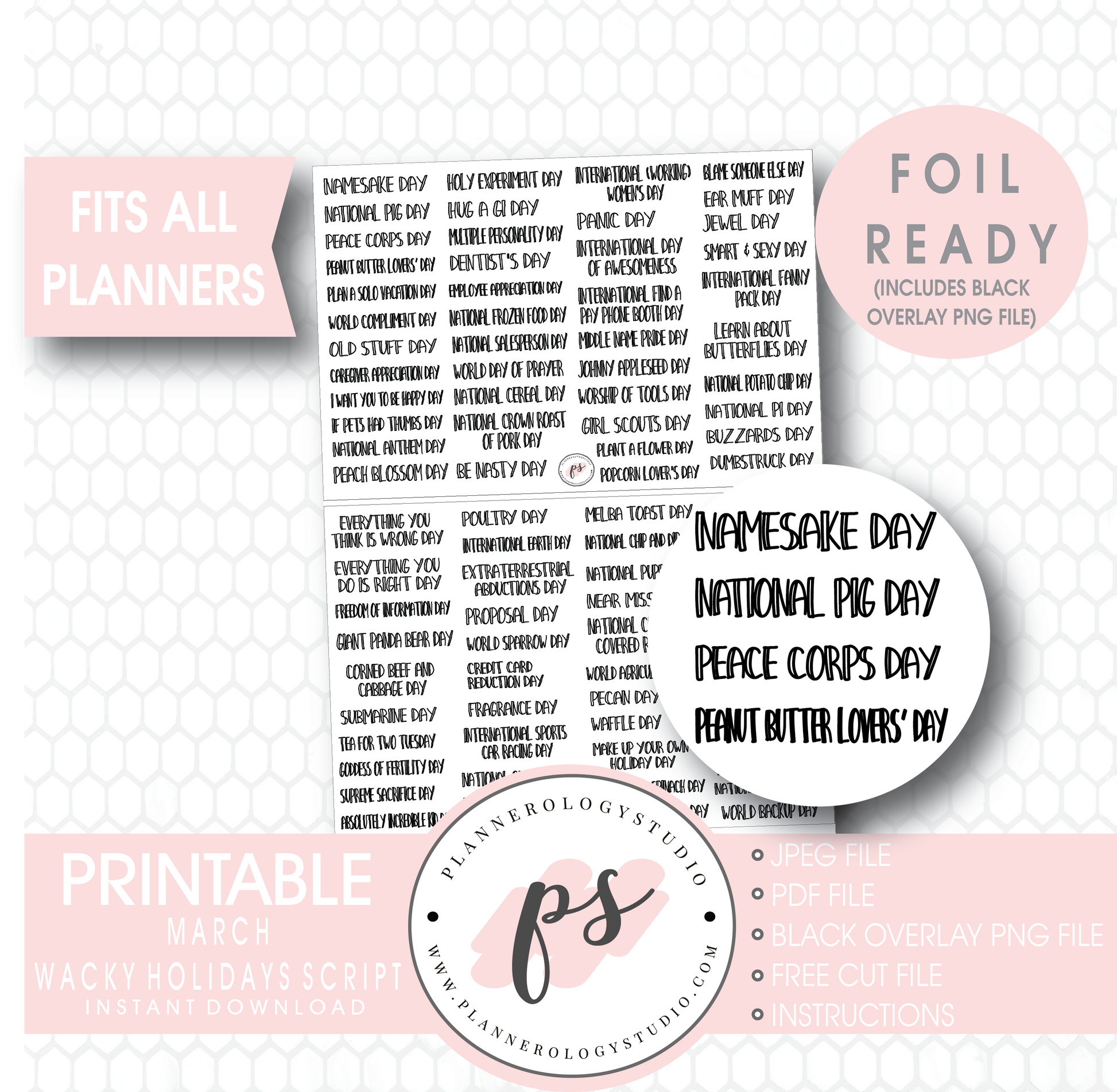 March Wacky Holidays Script Digital Printable Planner Stickers (Foil Ready) - Plannerologystudio