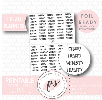 Days of the Week (Monday to Friday and Weekend) Bujo Script Digital Printable Planner Stickers (Foil Ready) - Plannerologystudio