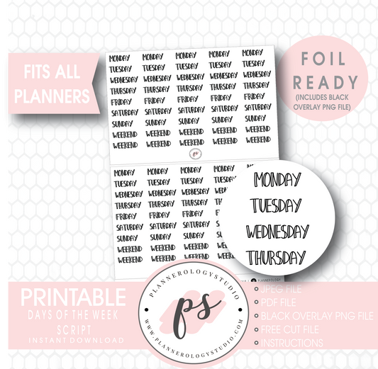 Days of the Week (Monday to Friday and Weekend) Bujo Script Digital Printable Planner Stickers (Foil Ready) - Plannerologystudio