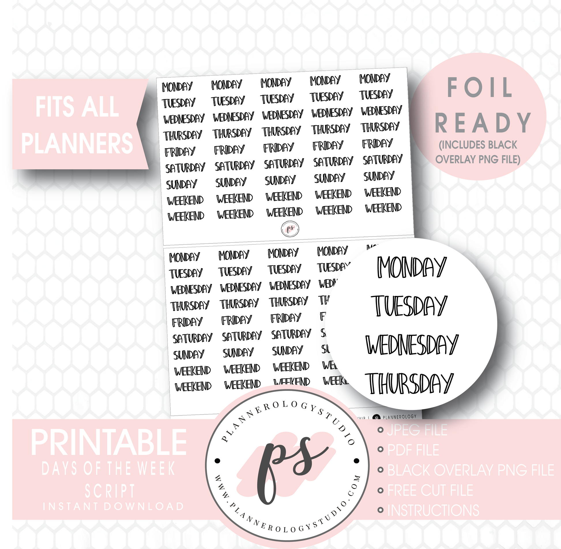 Days of the Week (Monday to Friday and Weekend) Bujo Script Digital Printable Planner Stickers (Foil Ready) - Plannerologystudio