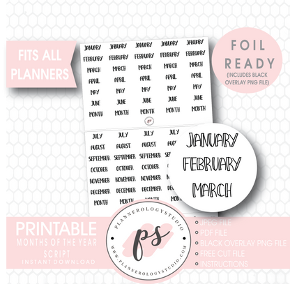 Months of the Year (January to December) Bujo Script Digital Printable Planner Stickers (Foil Ready) - Plannerologystudio