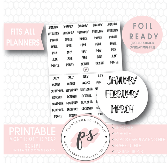 Months of the Year (January to December) Bujo Script Digital Printable Planner Stickers (Foil Ready) - Plannerologystudio