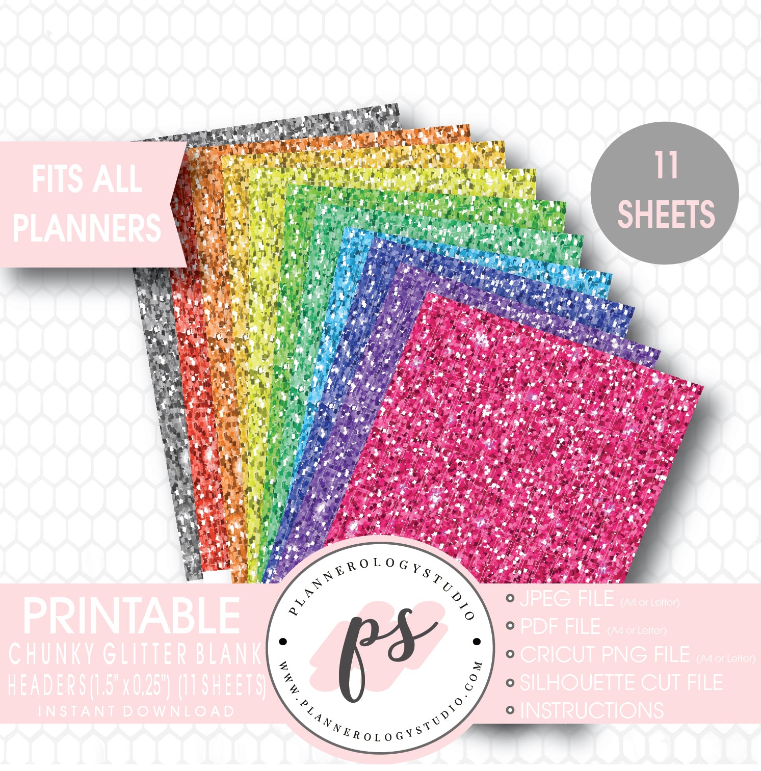Chunky Glitter Blank Header Printable Planner Stickers Bundle (11 Sheets) - Plannerologystudio