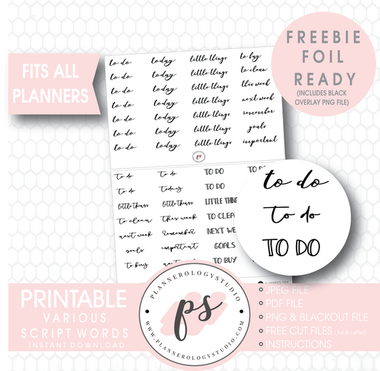 Various Bujo Script Words Digital Printable Planner Stickers (Freebie) - Plannerologystudio