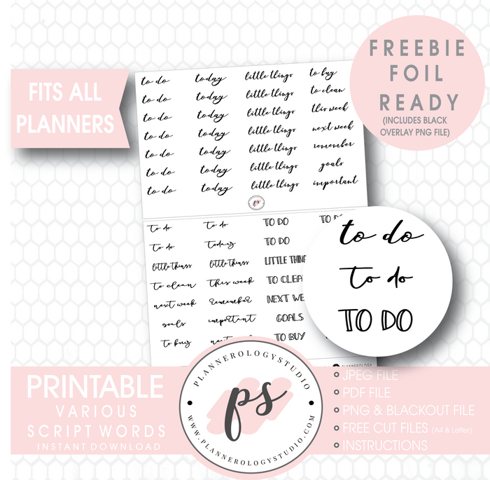 Various Bujo Script Words Digital Printable Planner Stickers (Freebie) - Plannerologystudio