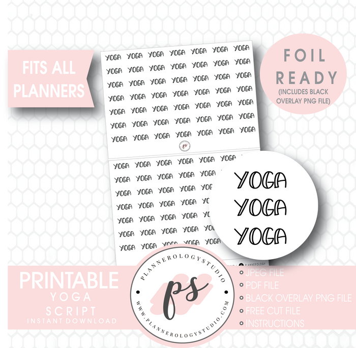 Yoga Bujo Script Digital Printable Planner Stickers (Foil Ready) - Plannerologystudio