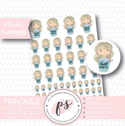 Cute Girl Hydrate Water Habit Tracker Printable Planner Stickers - Plannerologystudio