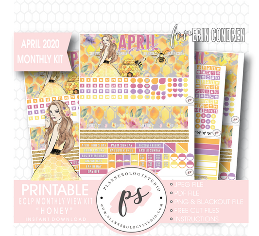 Honey April 2020 Monthly View Kit Digital Printable Planner Stickers (for use with Erin Condren) - Plannerologystudio