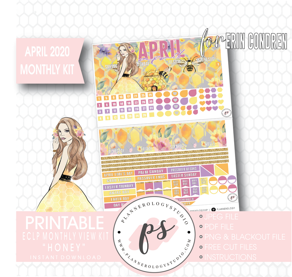 Honey April 2020 Monthly View Kit Digital Printable Planner Stickers (for use with Erin Condren) - Plannerologystudio