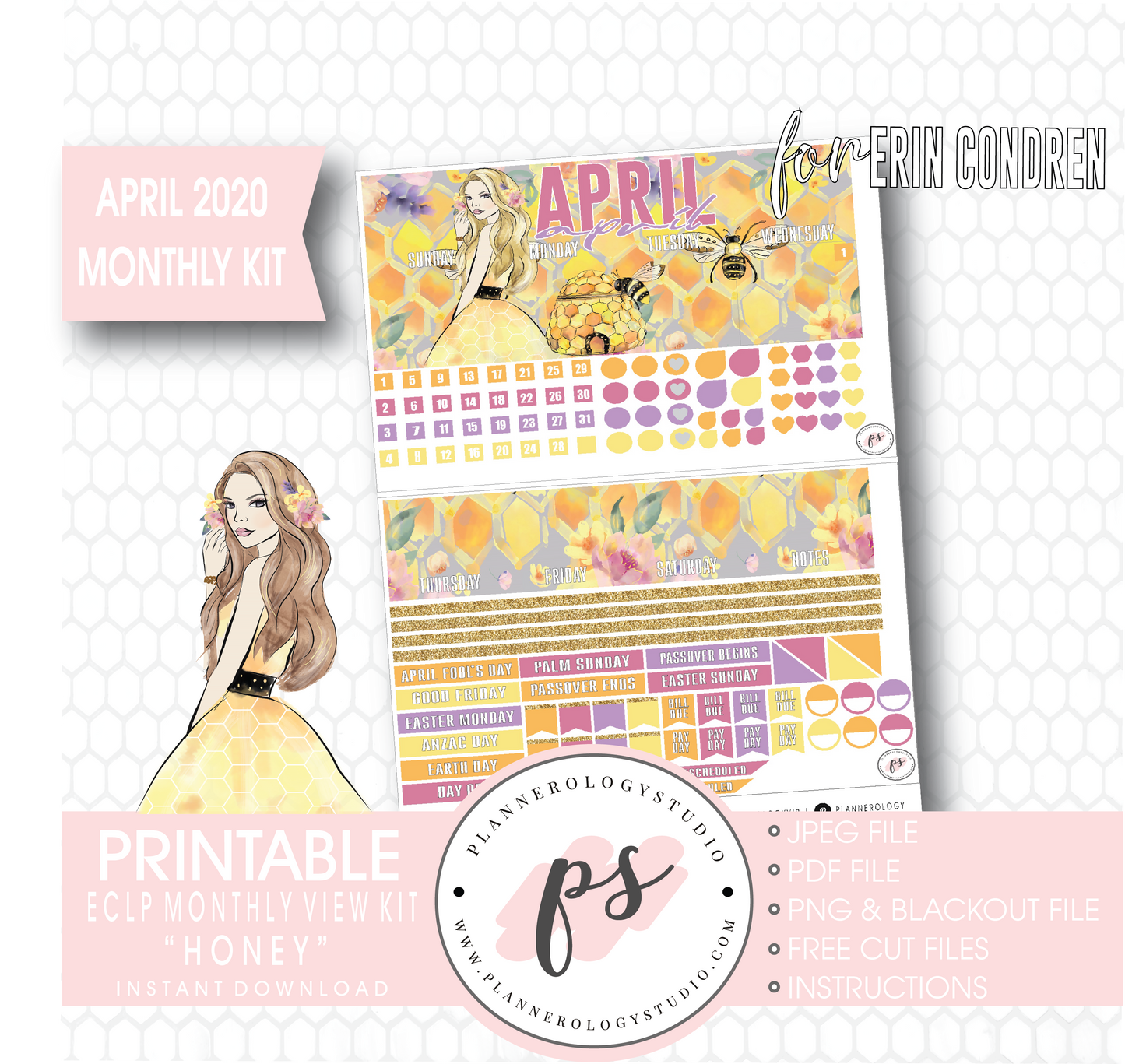 Honey April 2020 Monthly View Kit Digital Printable Planner Stickers (for use with Erin Condren) - Plannerologystudio