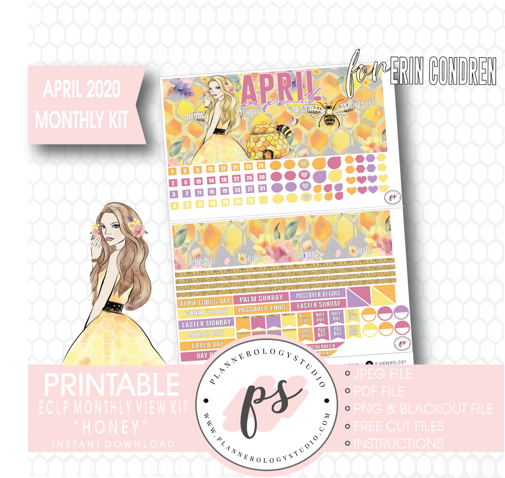 Honey April 2020 Monthly View Kit Digital Printable Planner Stickers (for use with Erin Condren) - Plannerologystudio