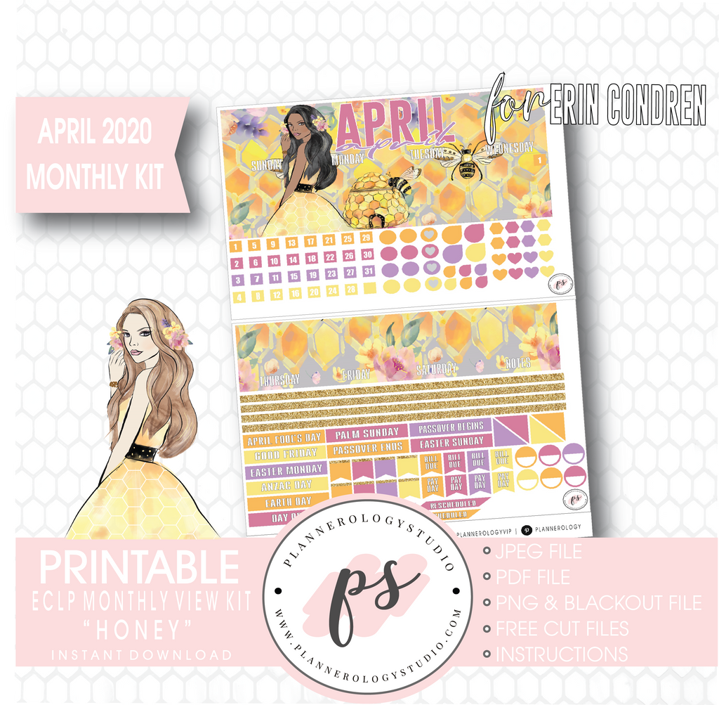 Honey April 2020 Monthly View Kit Digital Printable Planner Stickers (for use with Erin Condren) - Plannerologystudio