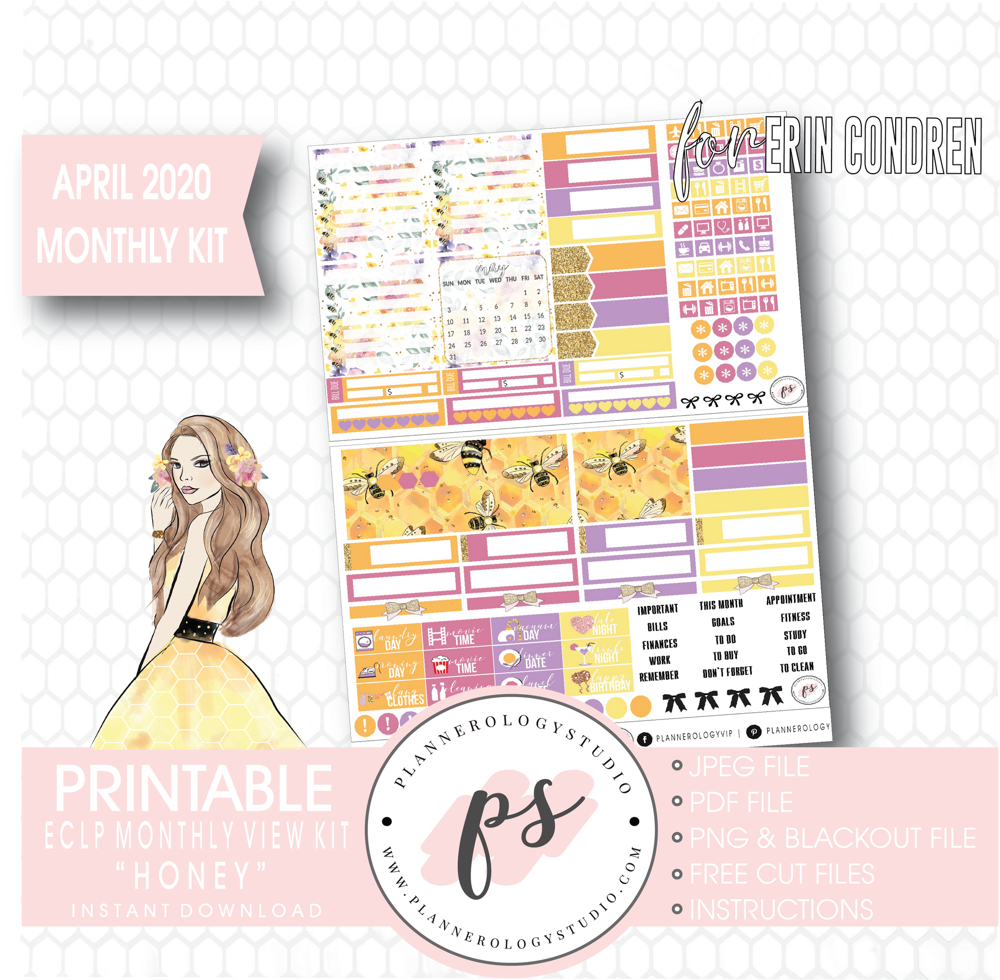 Honey April 2020 Monthly View Kit Digital Printable Planner Stickers (for use with Erin Condren) - Plannerologystudio