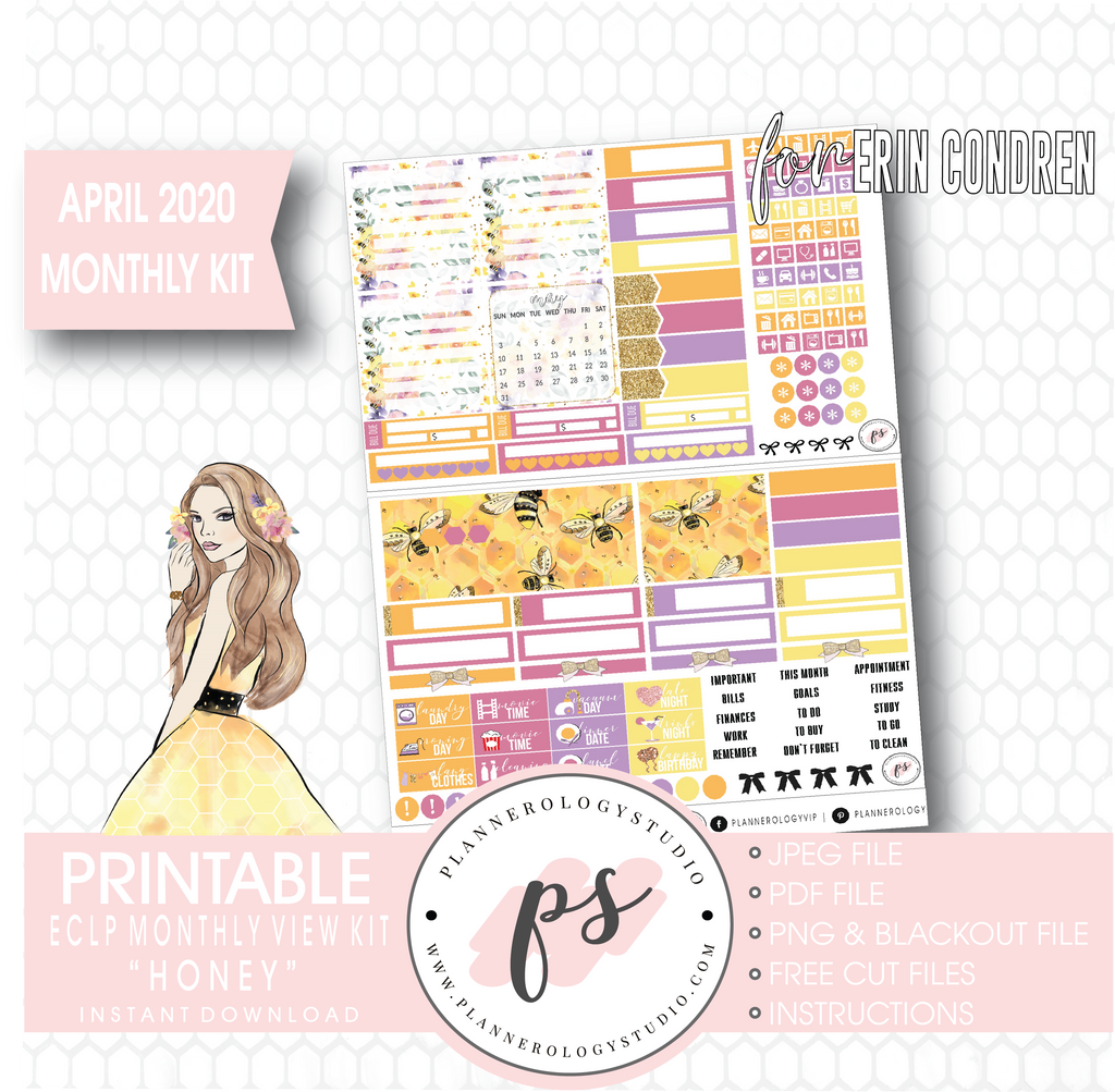 Honey April 2020 Monthly View Kit Digital Printable Planner Stickers (for use with Erin Condren) - Plannerologystudio