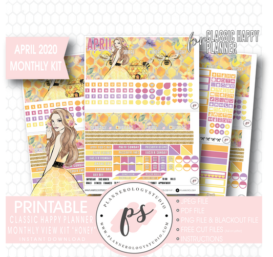 Honey April 2020 Monthly View Kit Digital Printable Planner Stickers (for use with Classic Happy Planner) - Plannerologystudio