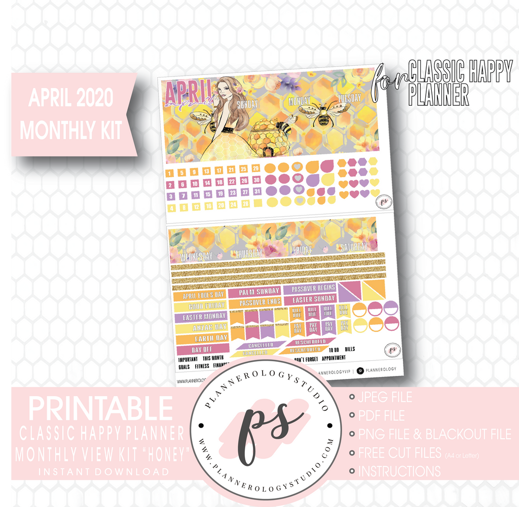 Honey April 2020 Monthly View Kit Digital Printable Planner Stickers (for use with Classic Happy Planner) - Plannerologystudio