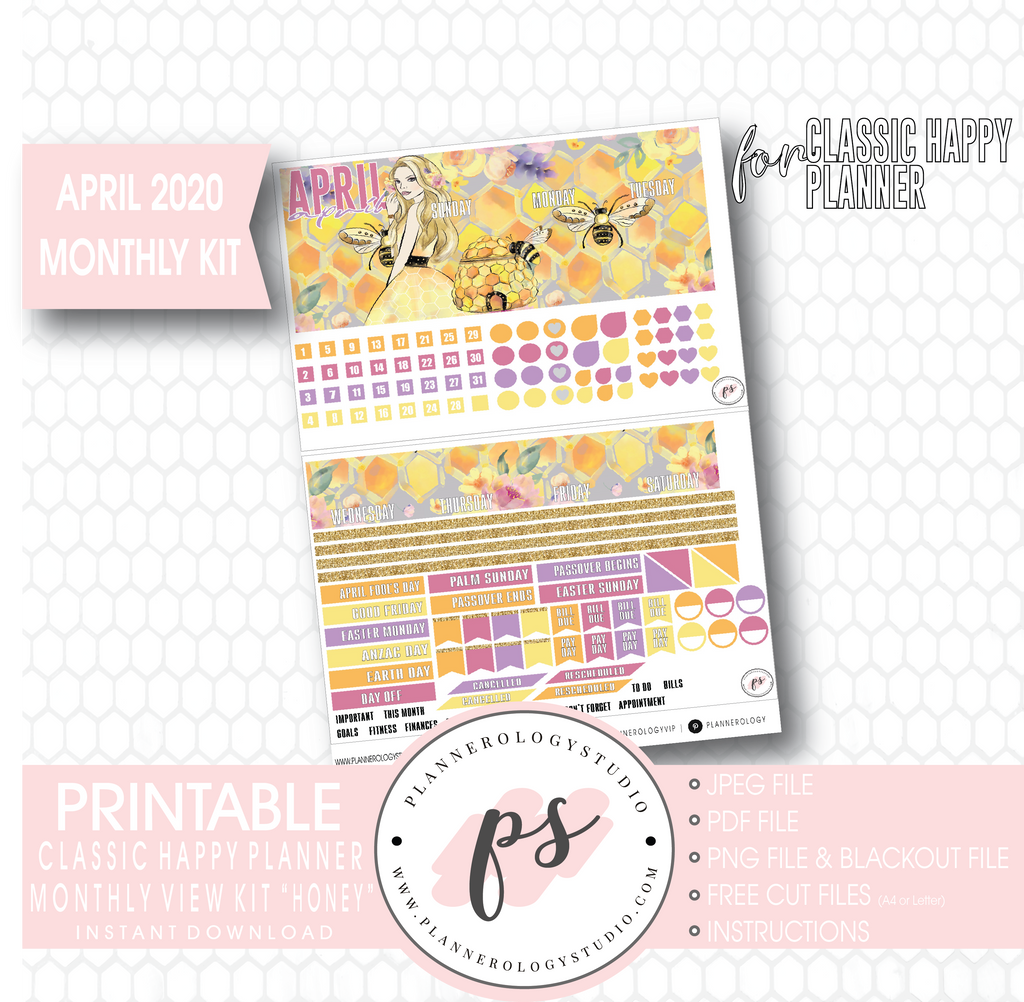 Honey April 2020 Monthly View Kit Digital Printable Planner Stickers (for use with Classic Happy Planner) - Plannerologystudio