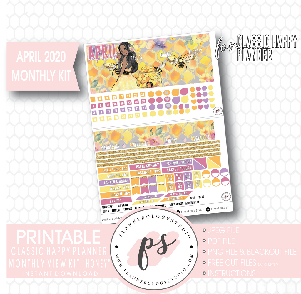 Honey April 2020 Monthly View Kit Digital Printable Planner Stickers (for use with Classic Happy Planner) - Plannerologystudio