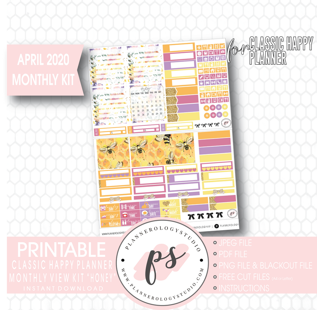 Honey April 2020 Monthly View Kit Digital Printable Planner Stickers (for use with Classic Happy Planner) - Plannerologystudio