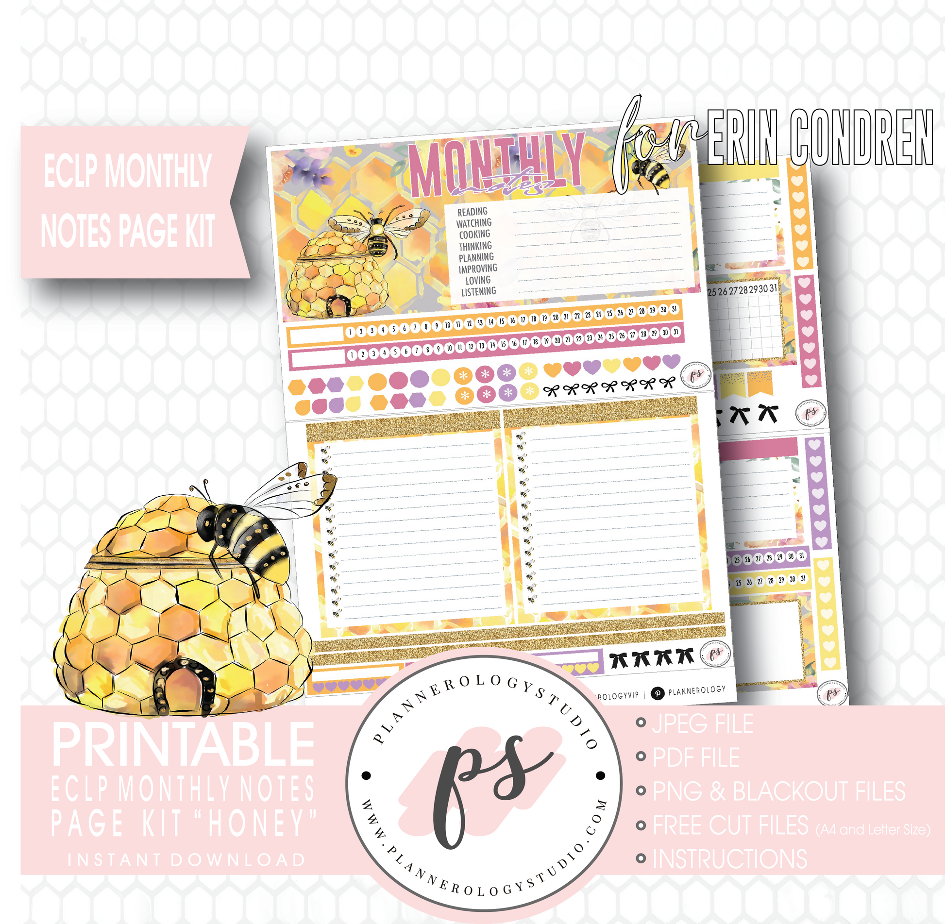Honey Monthly Notes Page Kit Digital Printable Planner Stickers (for use with ECLP) - Plannerologystudio