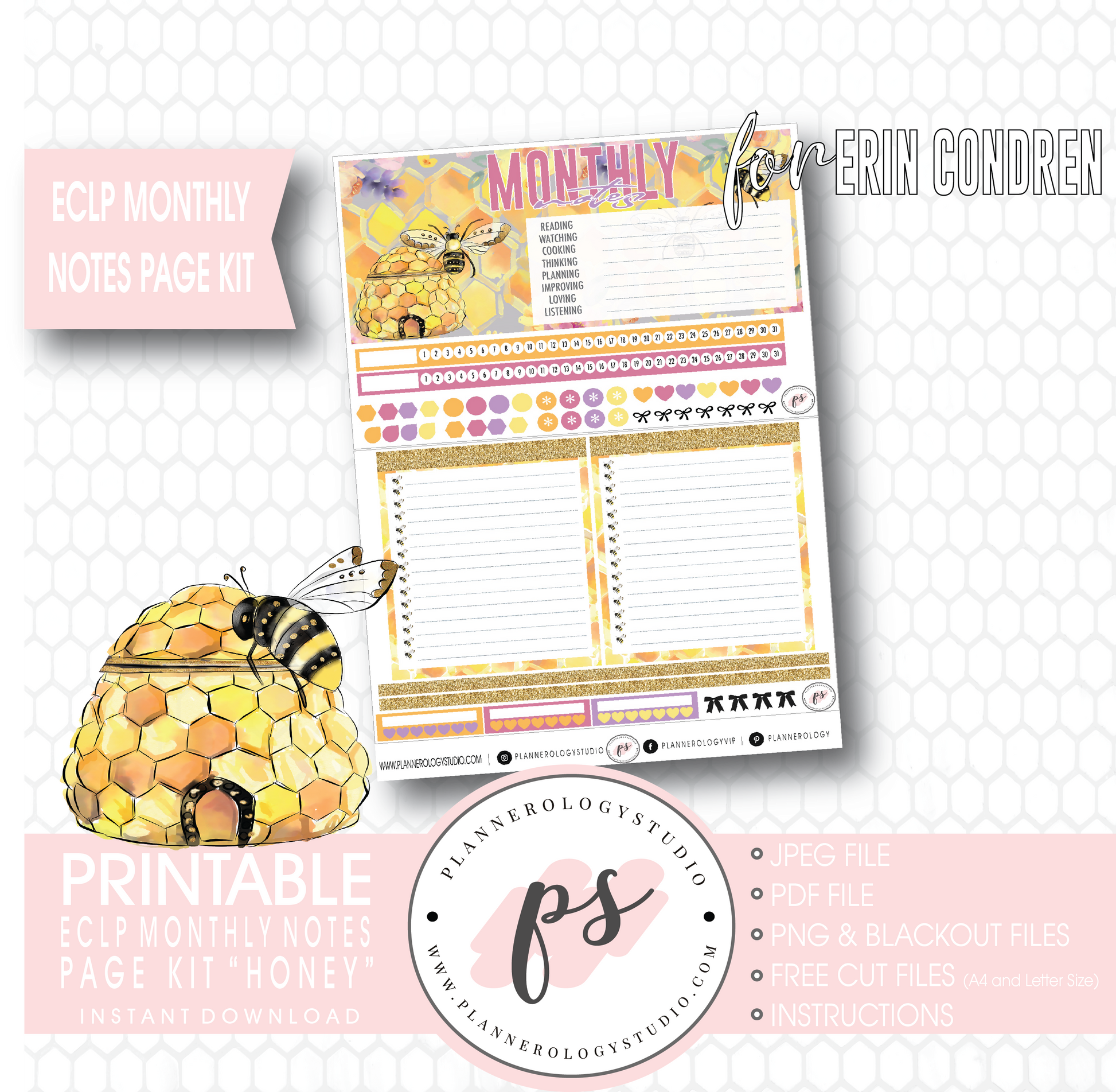 Honey Monthly Notes Page Kit Digital Printable Planner Stickers (for use with ECLP) - Plannerologystudio
