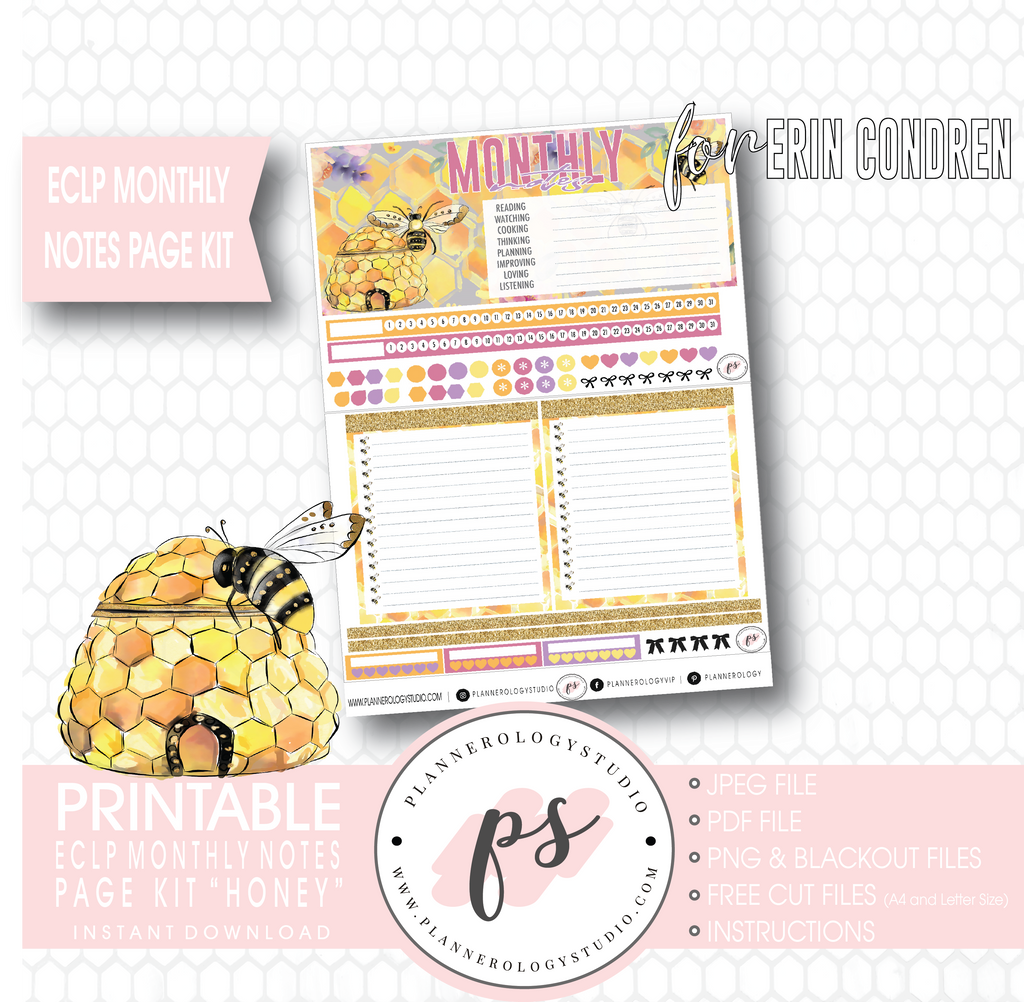 Honey Monthly Notes Page Kit Digital Printable Planner Stickers (for use with ECLP) - Plannerologystudio