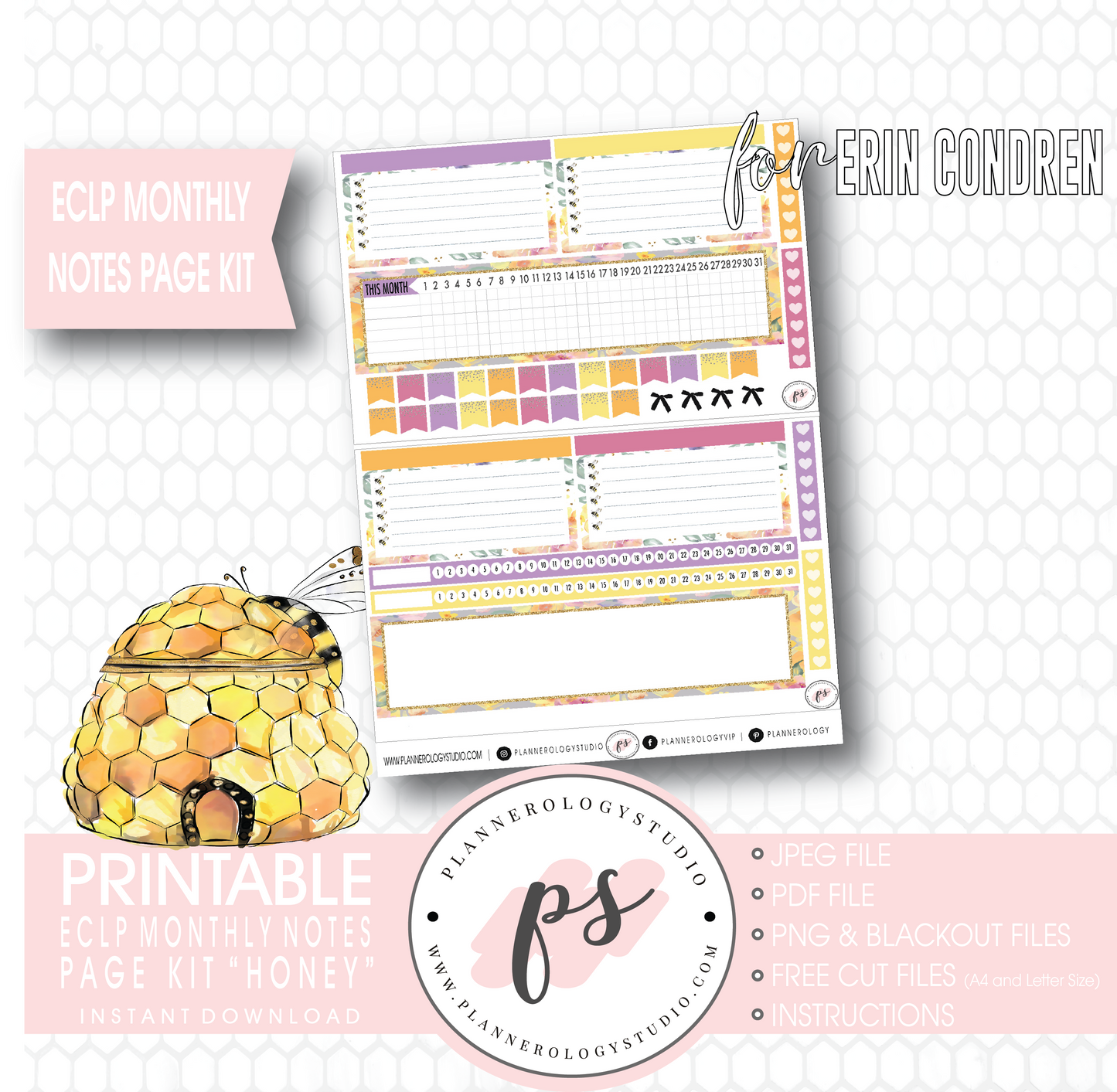 Honey Monthly Notes Page Kit Digital Printable Planner Stickers (for use with ECLP) - Plannerologystudio