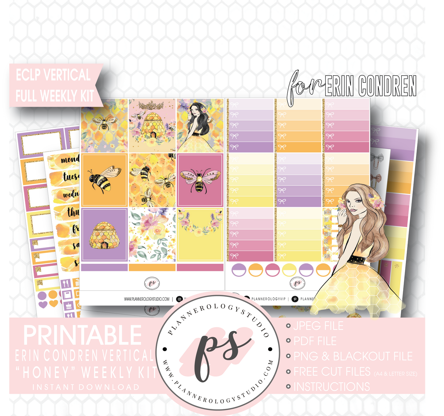 Honey Full Weekly Kit Printable Planner Digital Stickers (for use with Erin Condren Vertical) - Plannerologystudio