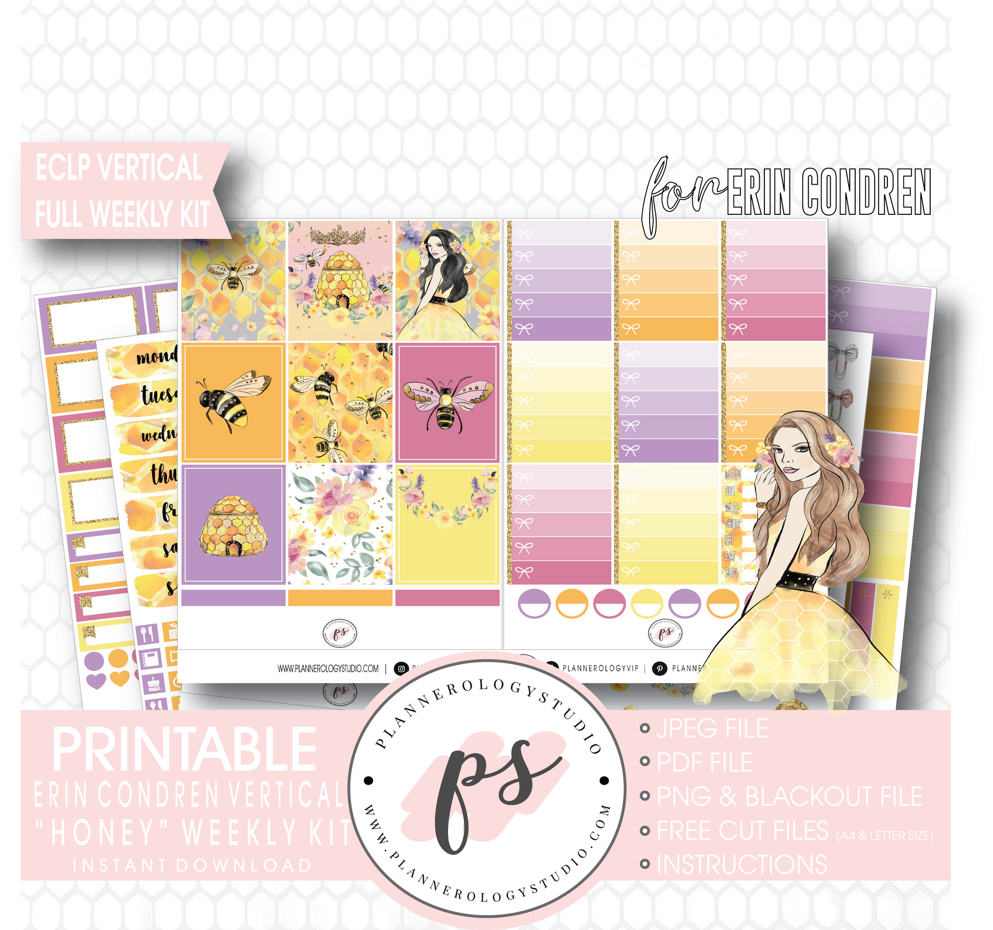 Honey Full Weekly Kit Printable Planner Digital Stickers (for use with Erin Condren Vertical) - Plannerologystudio