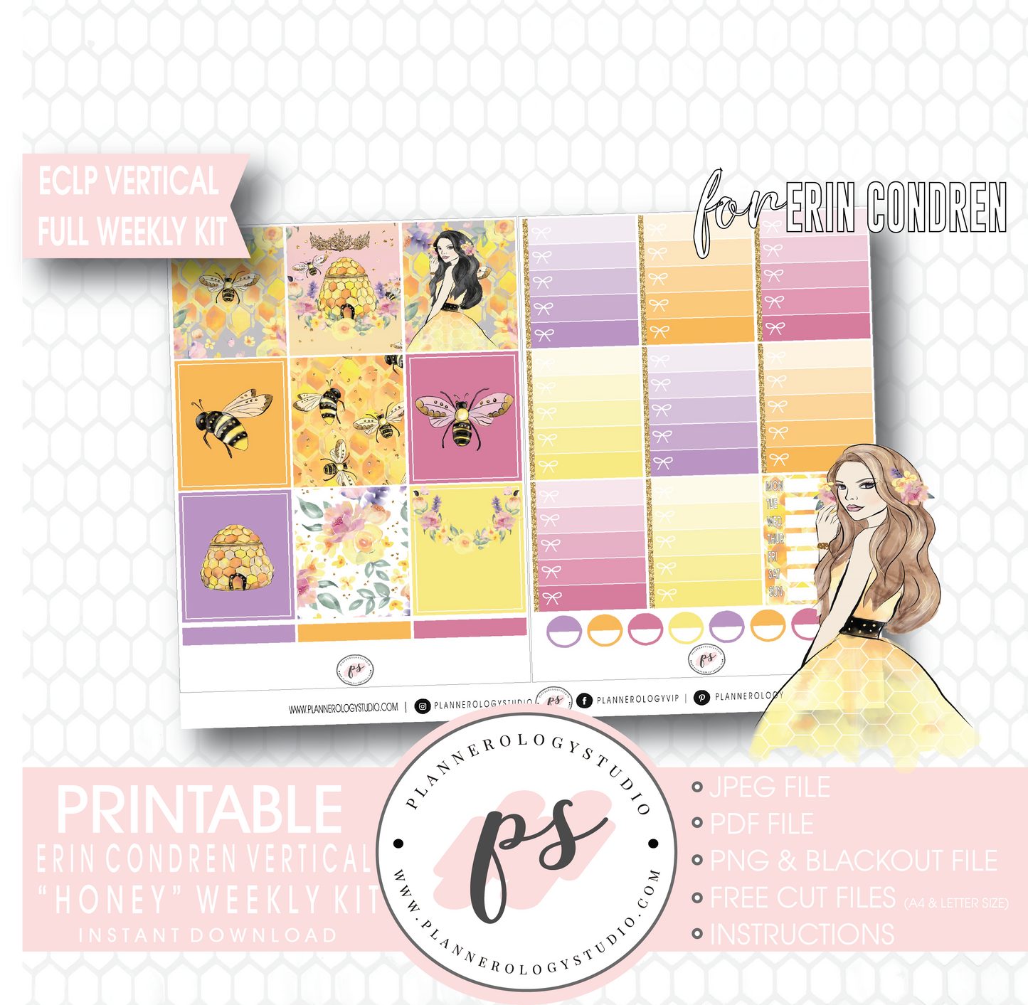 Honey Full Weekly Kit Printable Planner Digital Stickers (for use with Erin Condren Vertical) - Plannerologystudio